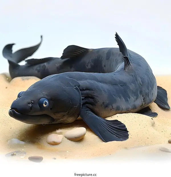 A black fish with blue eyes is lying on the sand