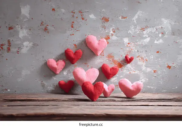 Handmade hearts on rustic wood and wall background