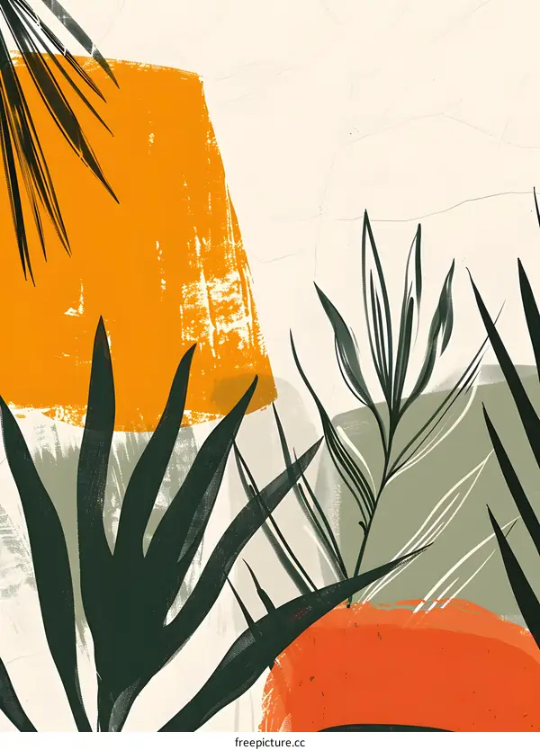 Abstract Tropical Leaf Illustration with Orange and Green Colors