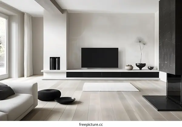 Minimalist Living Room Interior Design With Black Fireplace And White Walls