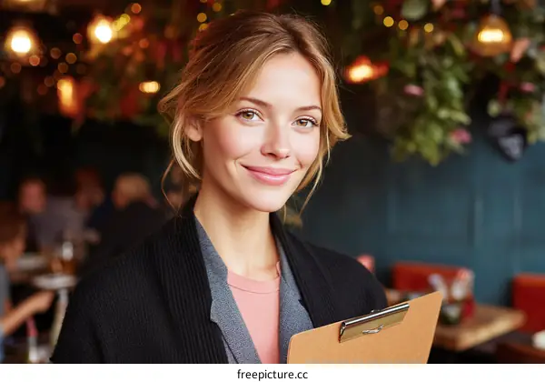 A cheerful young woman holding a clipboard in a restaurant setting
