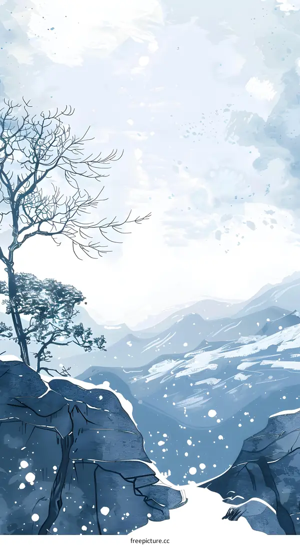 Snowy Mountain Landscape With Bare Tree Branches