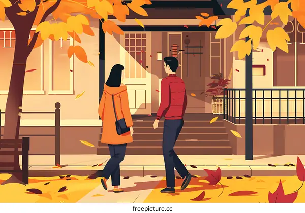 Couple Walking in Autumn with Fall Leaves