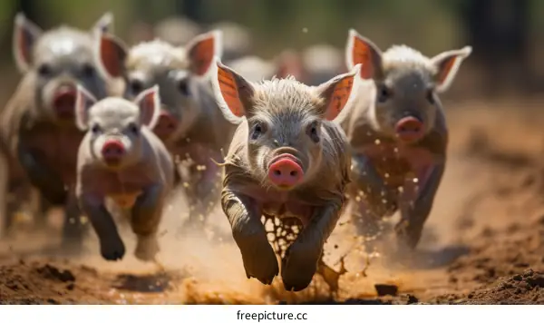 A group of piglets are running in the mud