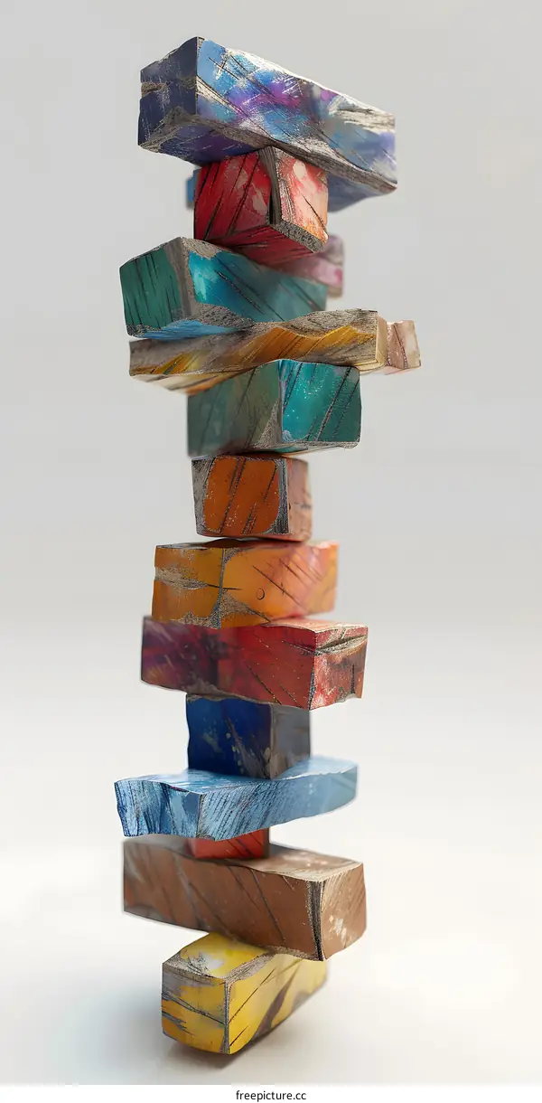 Colorful wooden blocks stacked in a precarious tower