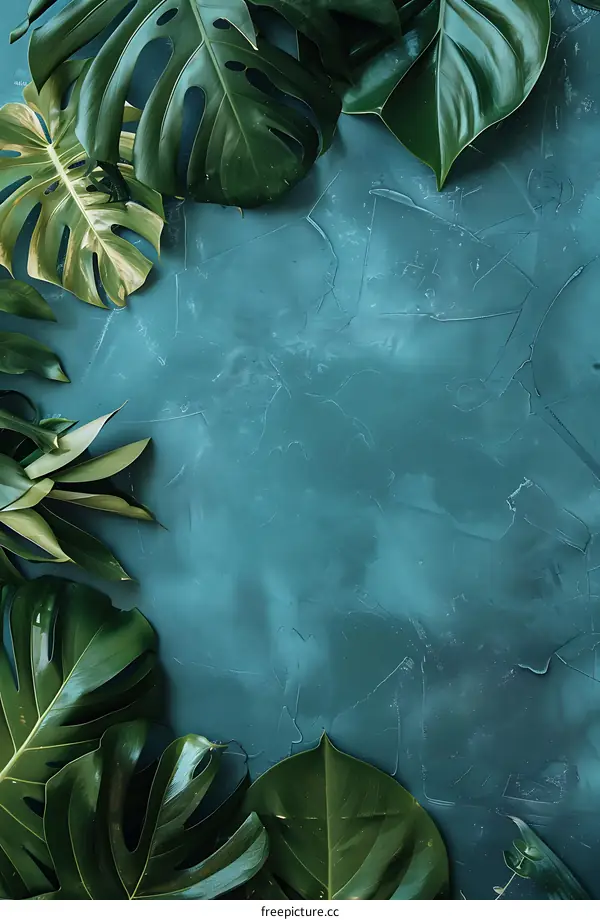 Green Tropical Leaves on Teal Background