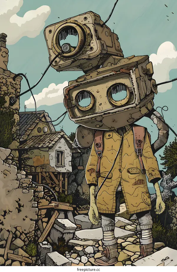 Digital Art Illustration of a Robot Standing in a Ruined Village