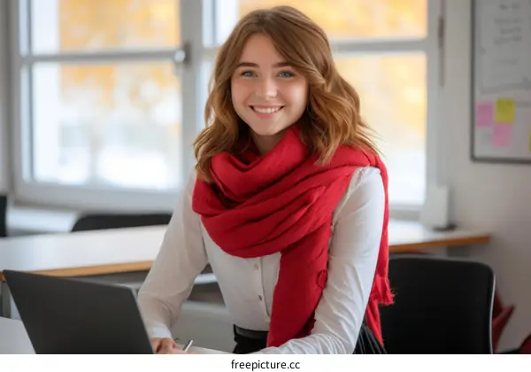 Red scarf woman working on laptop