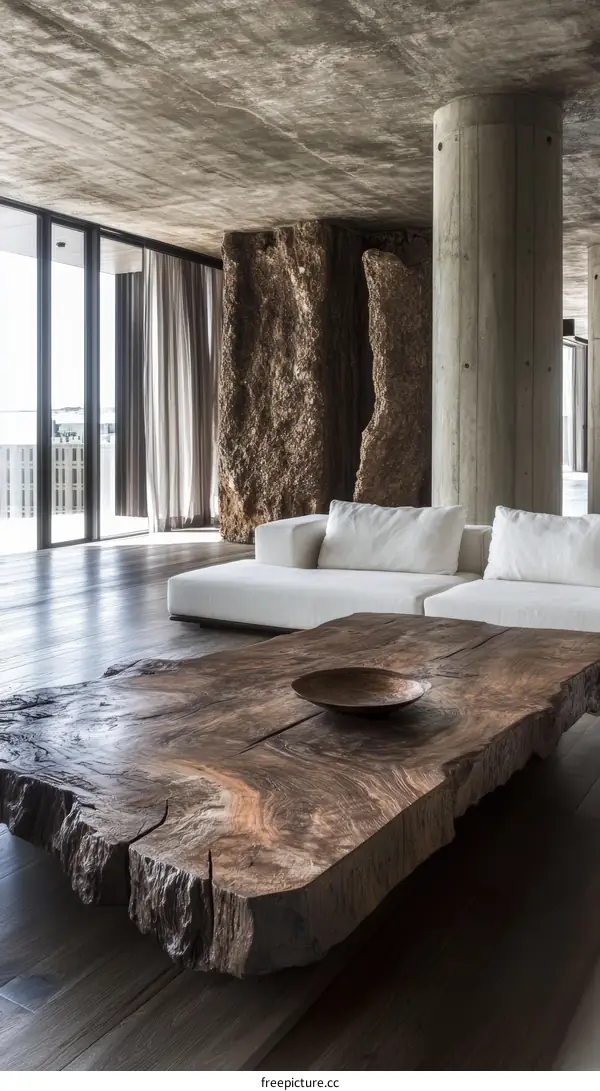 Modern Minimalist Living Room with Raw Wood Coffee Table