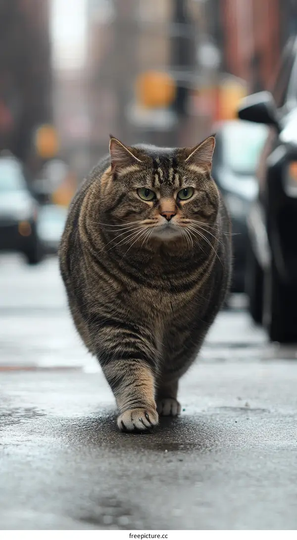 Fat tabby cat walking down city street