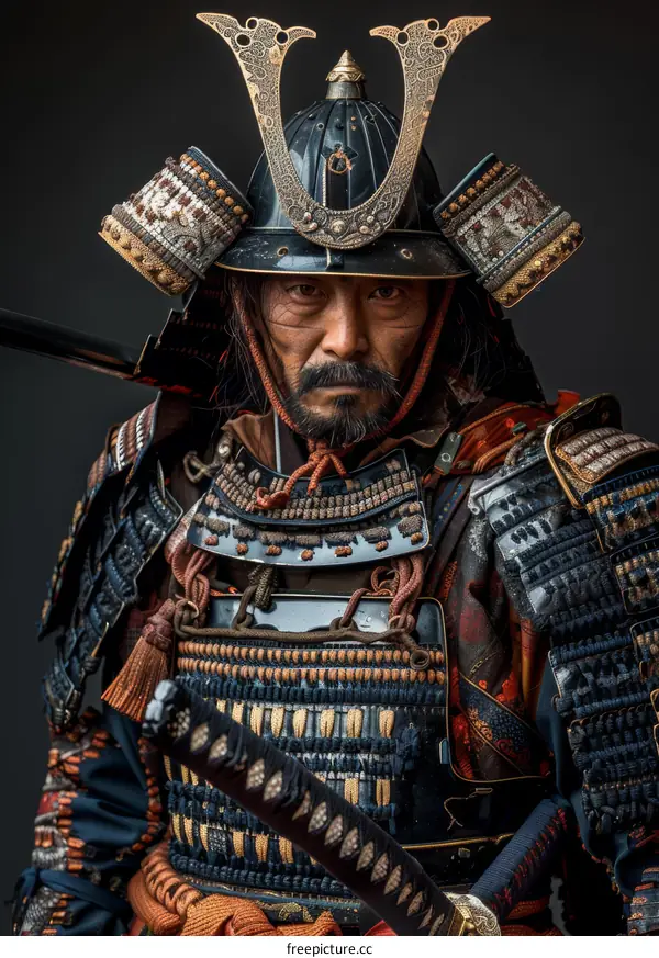 Portrait of a samurai warrior wearing traditional armor and helmet
