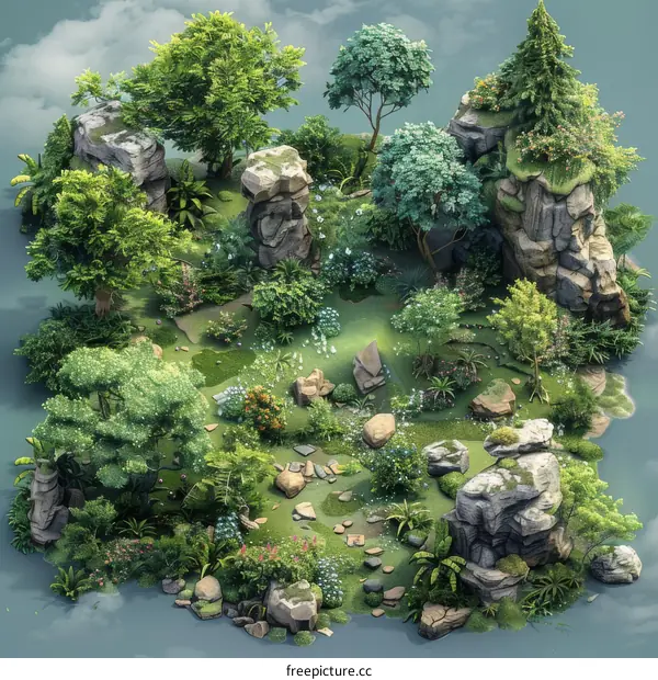 A Verdant Fantasy Landscape with Rocks, Trees, and Flowers