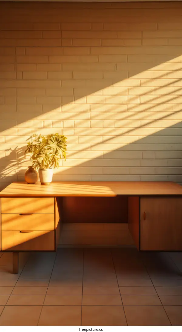 Sunlight streaming through a window, illuminating a desk with a plant