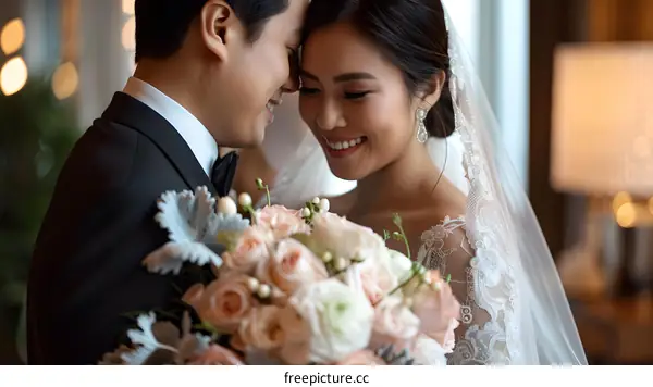 Happy Asian Couple on Their Wedding Day