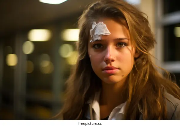 Portrait of a Teenage Girl with a Bandage on Her Forehead