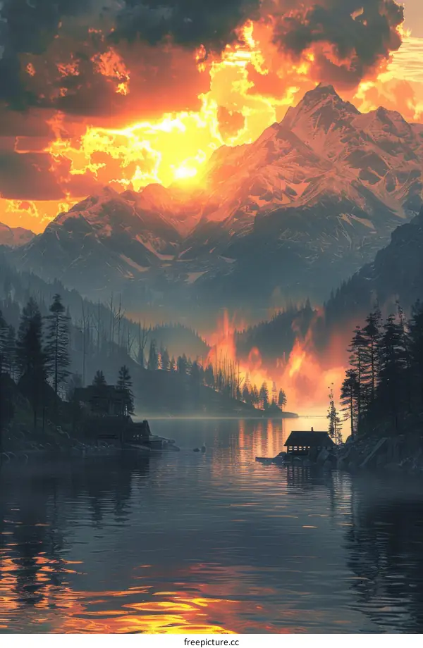 Majestic Mountain Sunset with Lake and Smoke