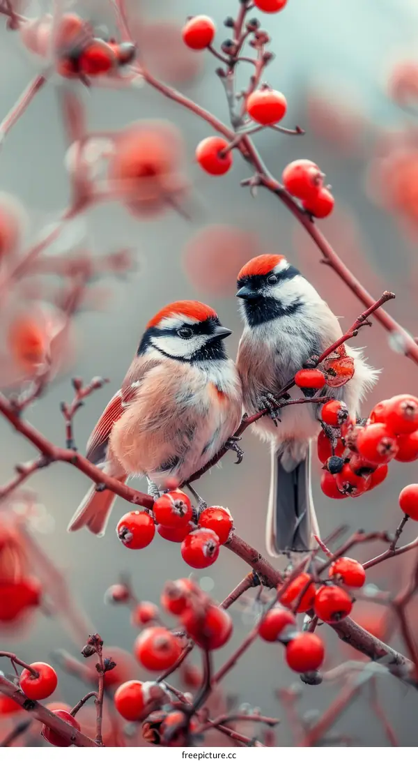 Winter Songbirds Perched on a Branch with Red Berries