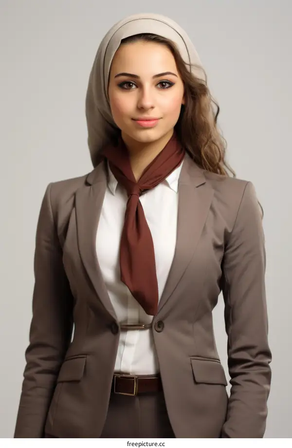 Middle Eastern businesswoman wearing brown headscarf and suit