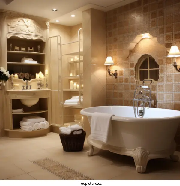 Spacious Bathroom with Freestanding Tub and Accent Wall