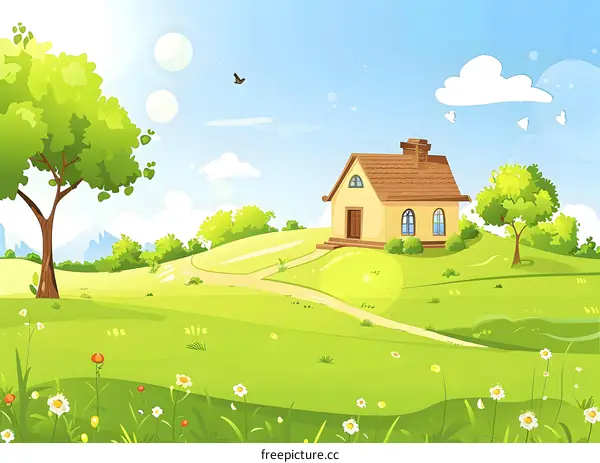 Cartoon Illustration of a House in the Countryside