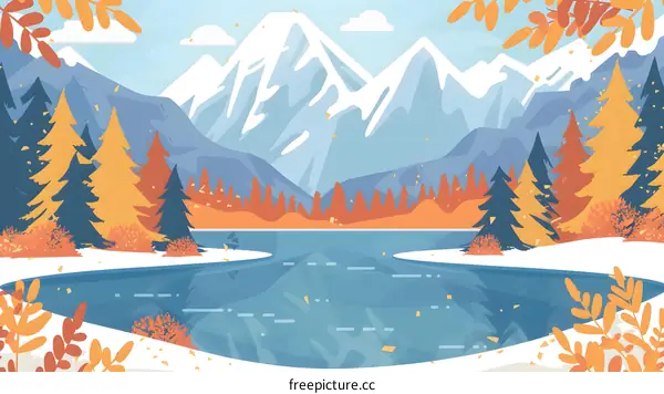 Autumn Landscape with Mountains and Lake Illustration