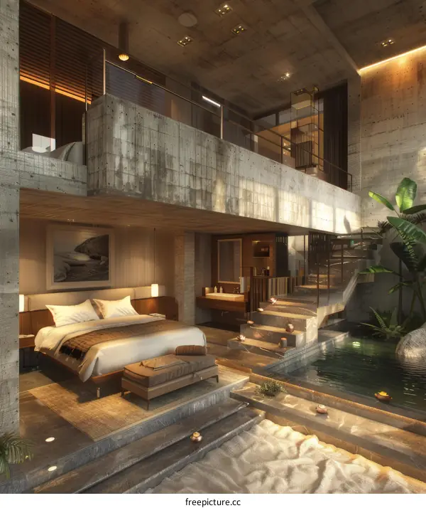Modern Concrete Interior Design Bedroom with Water Feature