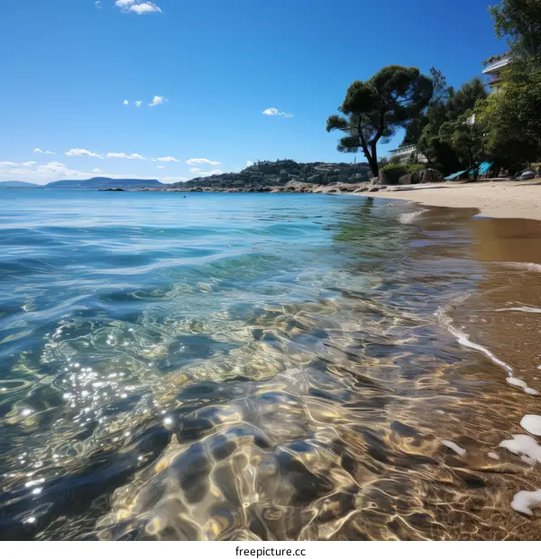 Sandy beach and blue sea with green tree