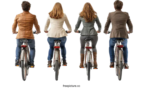 [Transparent Background PNG]Four People Riding Bikes Back View Studio Shot