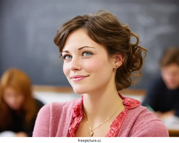 A young woman sitting in a classroom looking forward