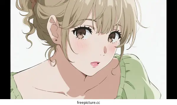 A Young Woman with Curly Blonde Hair Wearing Green Blouse