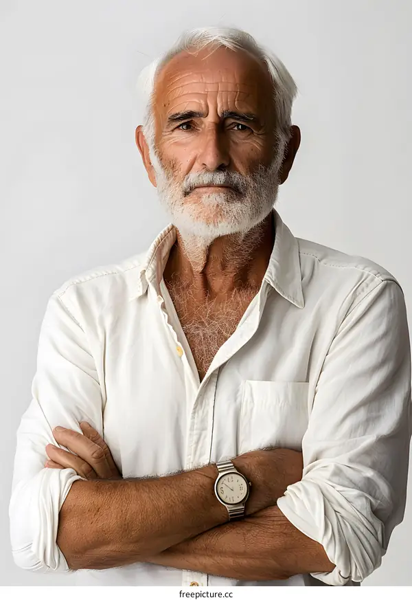 portrait of an old man with white beard and white shirt