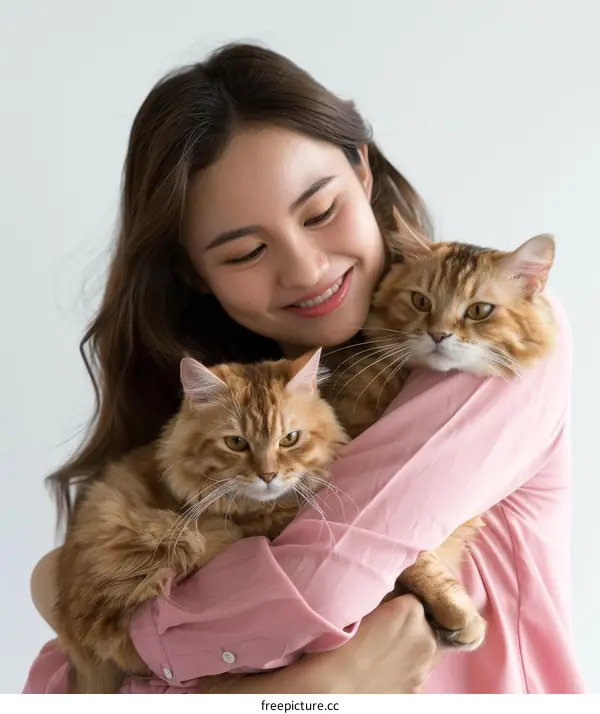 A young woman is hugging two ginger cats