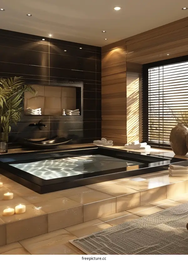 Modern Bathroom with Sunken Tub and Natural Light