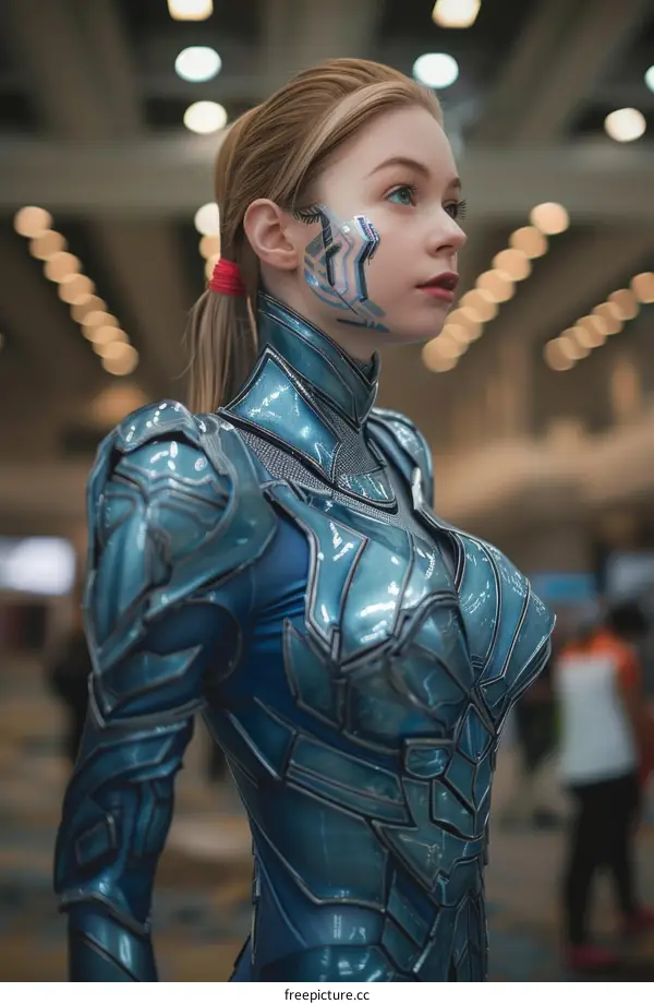 cosplay of a female character with blue armor and blonde hair