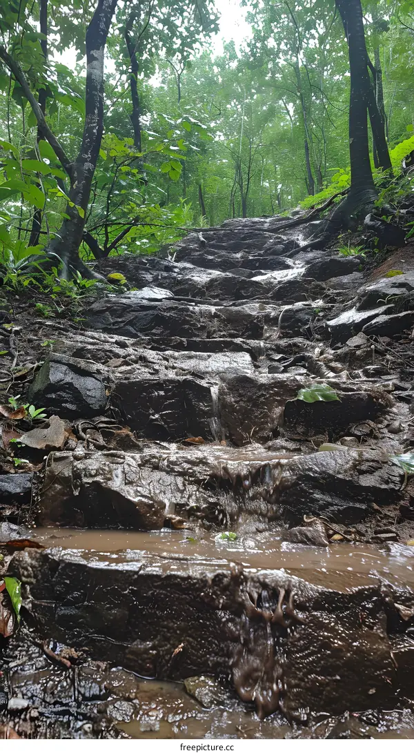 Waterfall over rocks in the middle of a forest