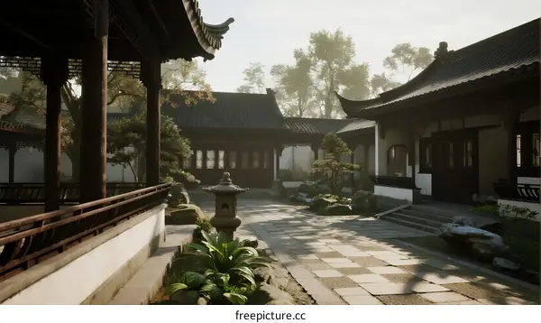 Traditional Chinese Garden with Pavilion and Stone Lantern