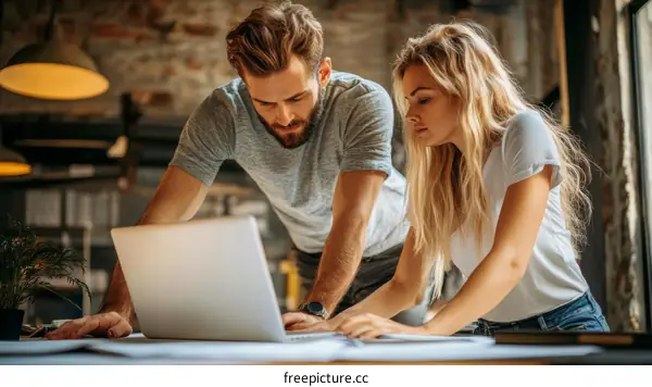 Two Caucasian Colleagues Working on a Laptop