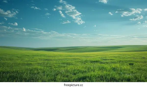 Vast green grassy field under blue sky with clouds