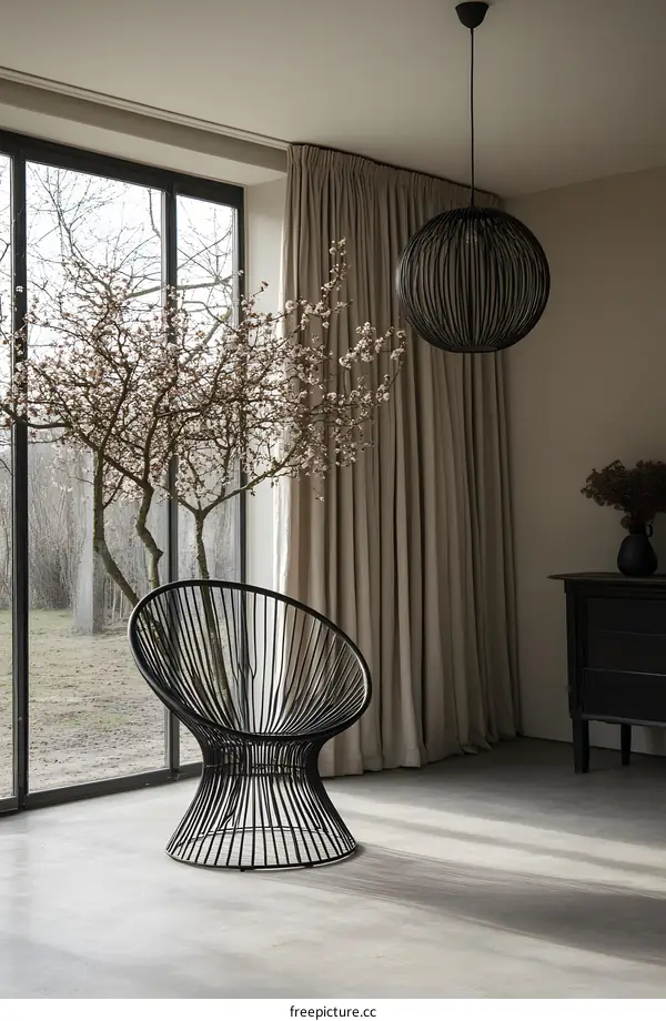 Minimalist Interior Design with Black Wire Chair and Pendant Light