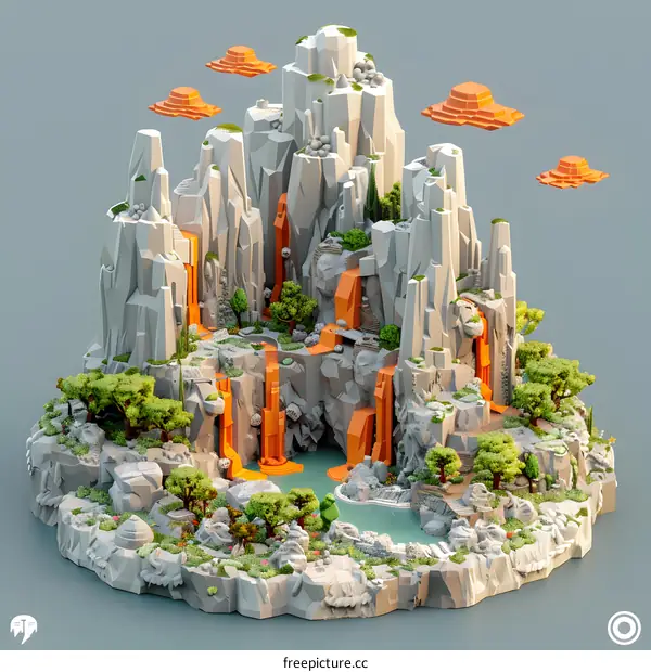 Futuristic landscape with floating rocks and waterfalls