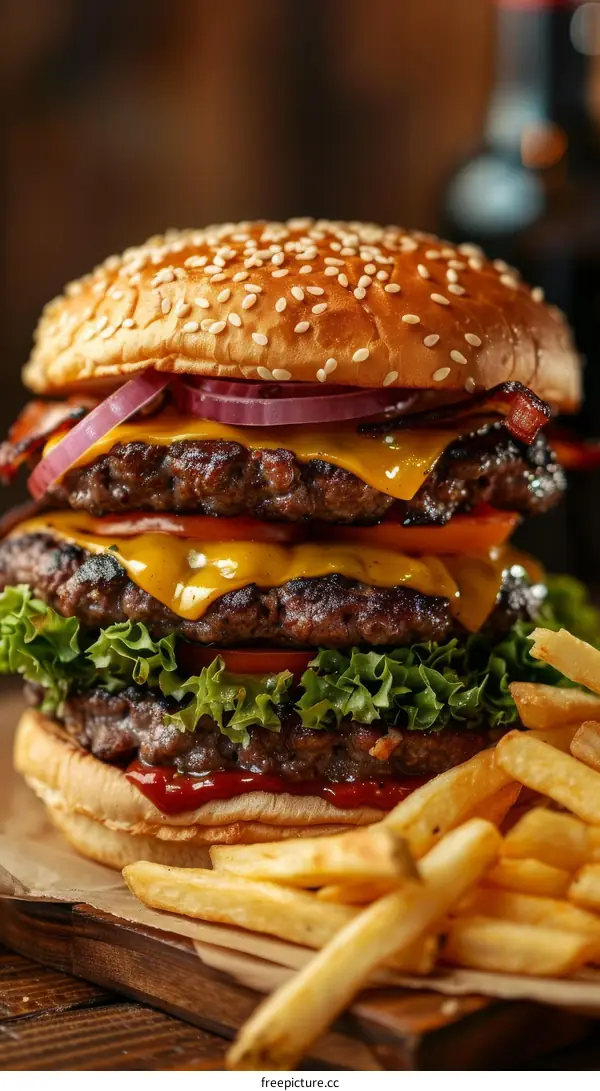 A delicious double cheeseburger with bacon and fries