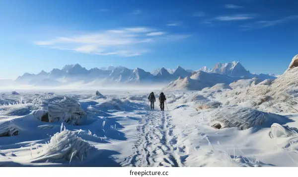 Two People Walking Across a Snowy Mountain Landscape
