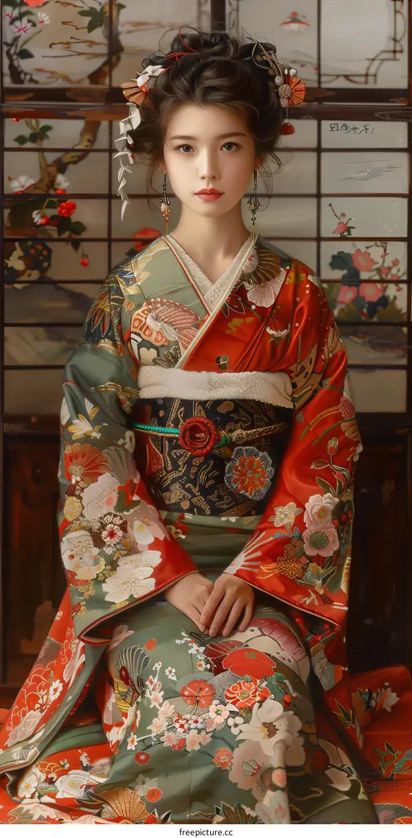 Portrait of a young woman in a kimono