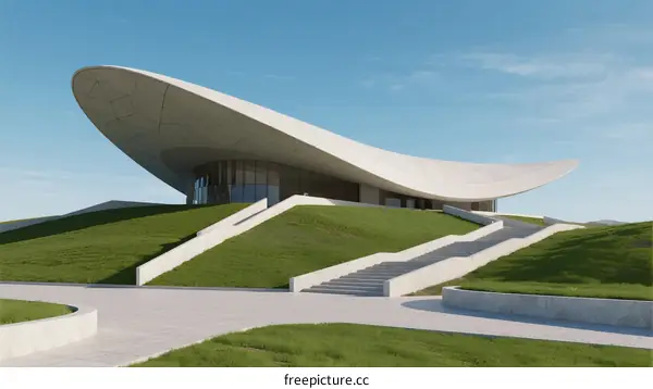 A Modern Architectural Masterpiece with Curved Concrete Roof and Green Terraces