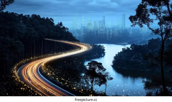 Cityscapes Road in the Forest at Night