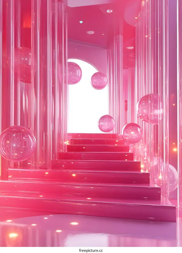 Pink Glass Abstract  Room with Stairs  and Globes