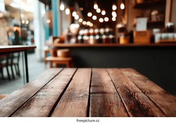 Wooden Table Top in a Cafe with Blurry Background