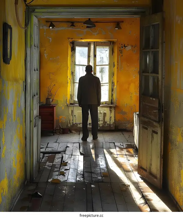 Man Standing in a Sunlit Abandoned Room