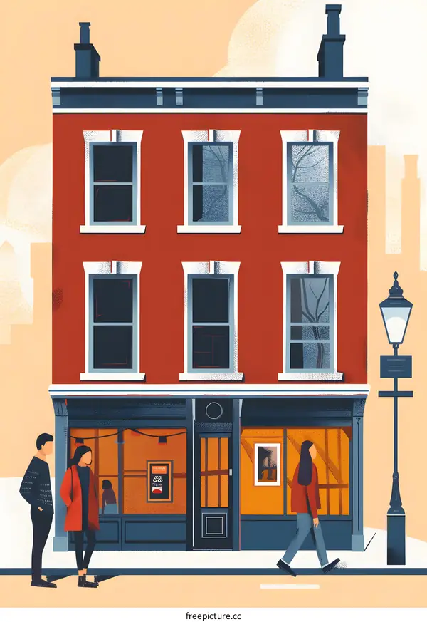 Three People Walking by a Red Brick Building with a Store Front