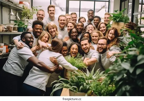 A group of happy and diverse people hugging in a greenhouse.